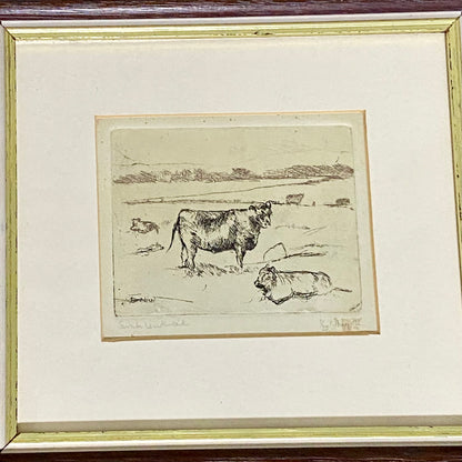 Vintage Cows Etching Signed Sarah Lewthwaite 1992 No.1 / 20 Framed & Glazed Rare
