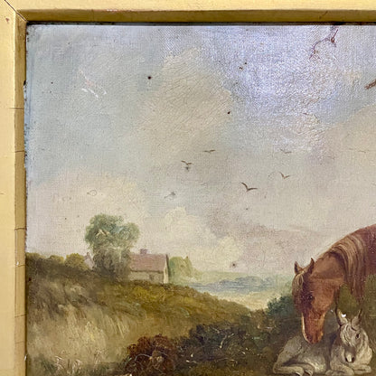Antique 19th Century Horse & Foal Oil On Canvas Painting Signed E R Smyth Framed