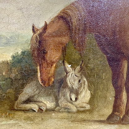 Antique 19th Century Horse & Foal Oil On Canvas Painting Signed E R Smyth Framed