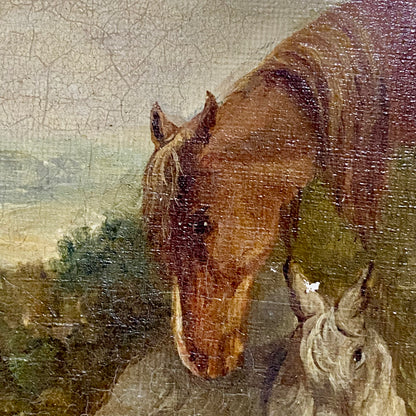 Antique 19th Century Horse & Foal Oil On Canvas Painting Signed E R Smyth Framed