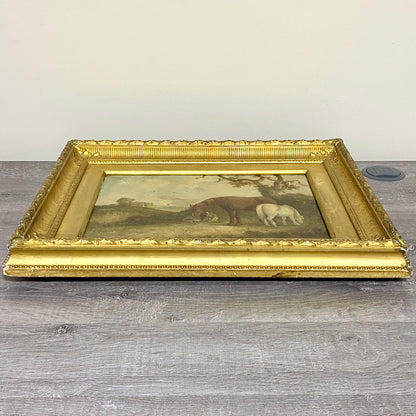 Antique 19th Century Horse & Foal Oil On Canvas Painting Signed E R Smyth Framed