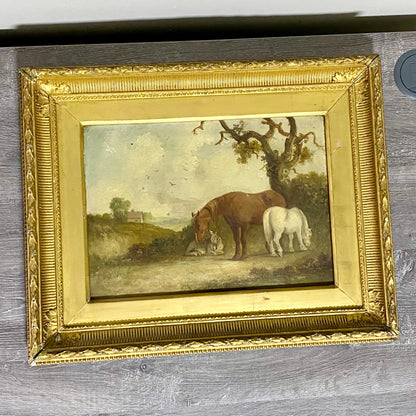 Antique 19th Century Horse & Foal Oil On Canvas Painting Signed E R Smyth Framed