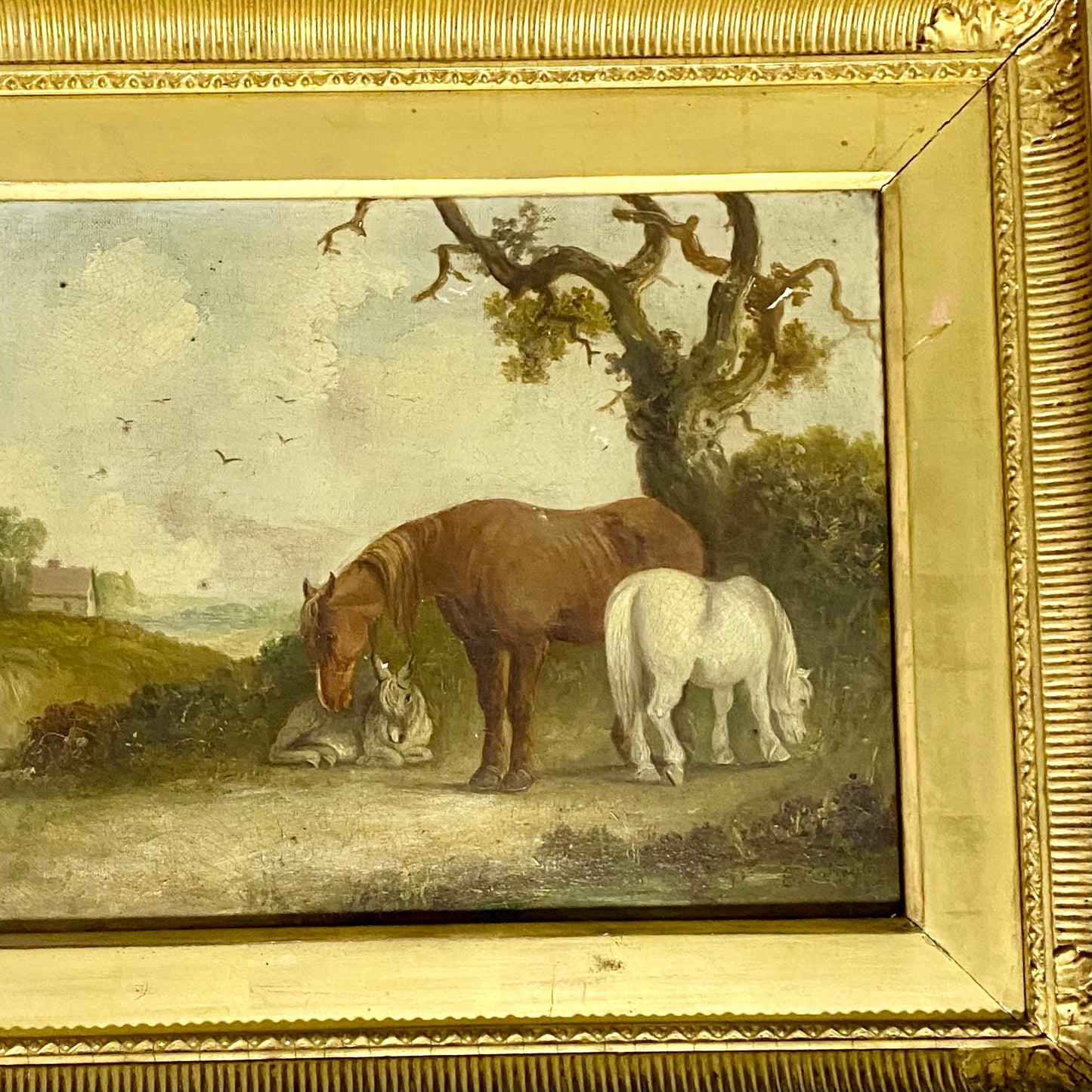 Antique 19th Century Horse & Foal Oil On Canvas Painting Signed E R Smyth Framed