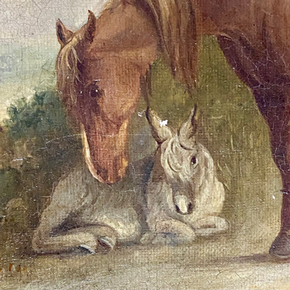Antique 19th Century Horse & Foal Oil On Canvas Painting Signed E R Smyth Framed