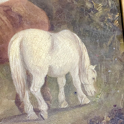 Antique 19th Century Horse & Foal Oil On Canvas Painting Signed E R Smyth Framed
