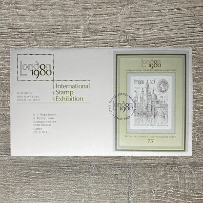 GB FDC 50p Miniature Sheet London 7th May 1980 International Stamp Exhibition
