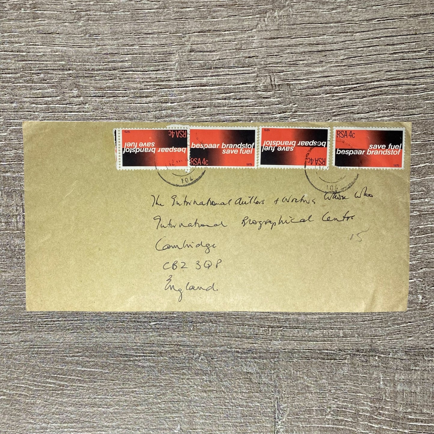 Vintage Postal Cover Envelope 1979 4x South African Save Fuel Stamps RSA 4c