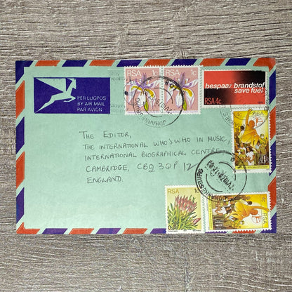 1979 Air Mail Par Avion Cover South Africa Cambridge Who’s Who Music RSA 1c 4c