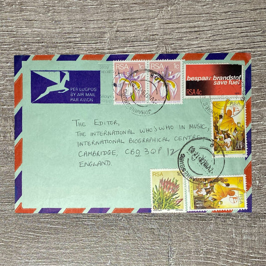 1979 Air Mail Par Avion Cover South Africa Cambridge Who’s Who Music RSA 1c 4c