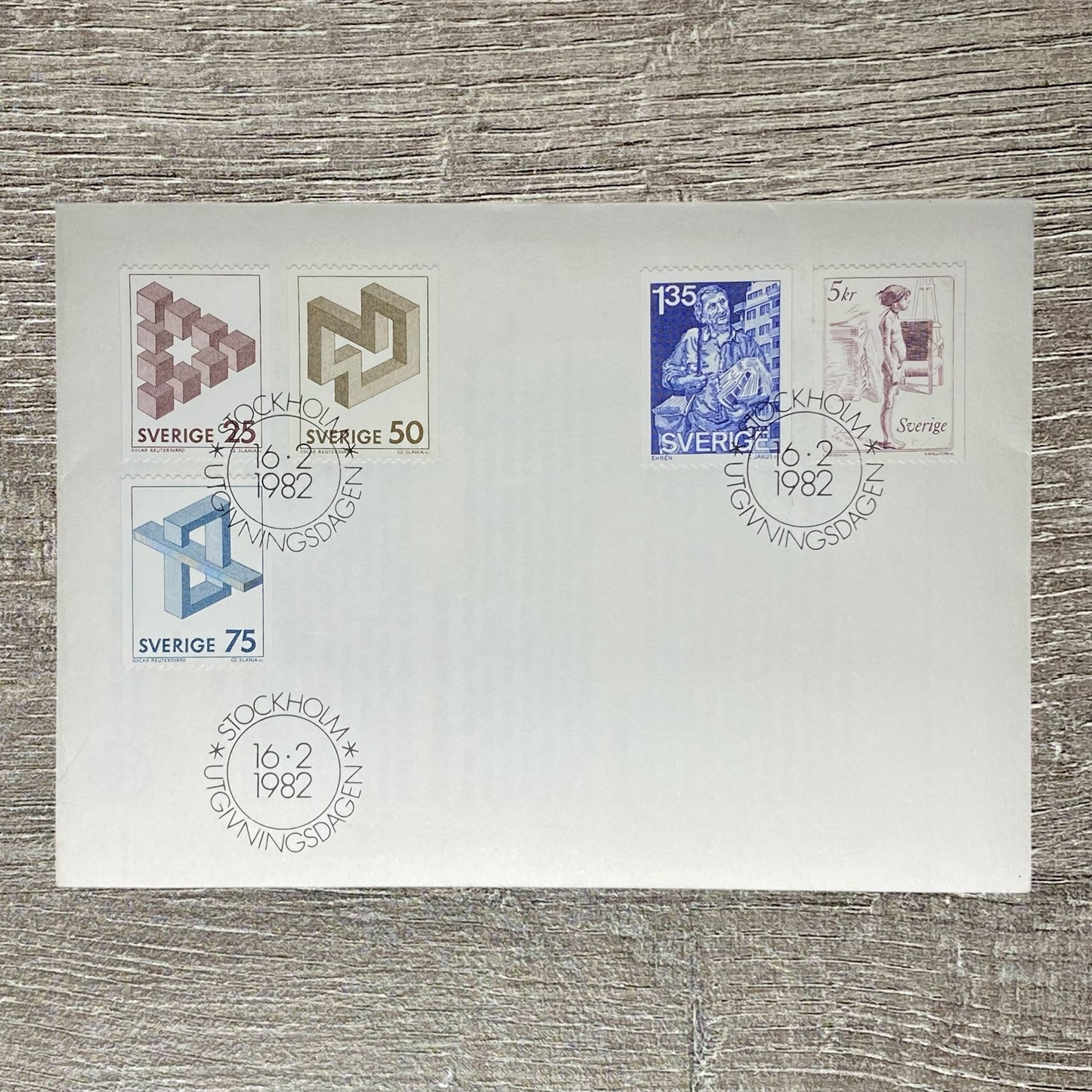 Swedish FDC 1982 Impossible Figures Stockholm Cancel 25 50 75 1.35 5kr Stamps