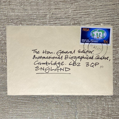 Vintage Envelope 1977 International Biographical Centre Cambridge Metric RSA 15c