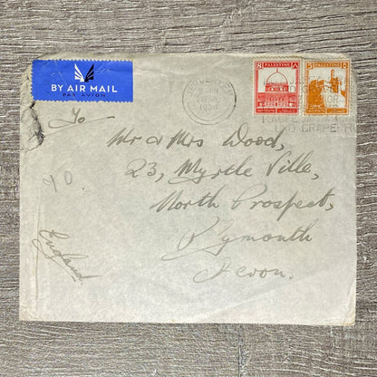 Feb 1938 Air Mail Cover Palestine Plymouth Devon Jerusalem Cancel 5 Mils 8 Mils