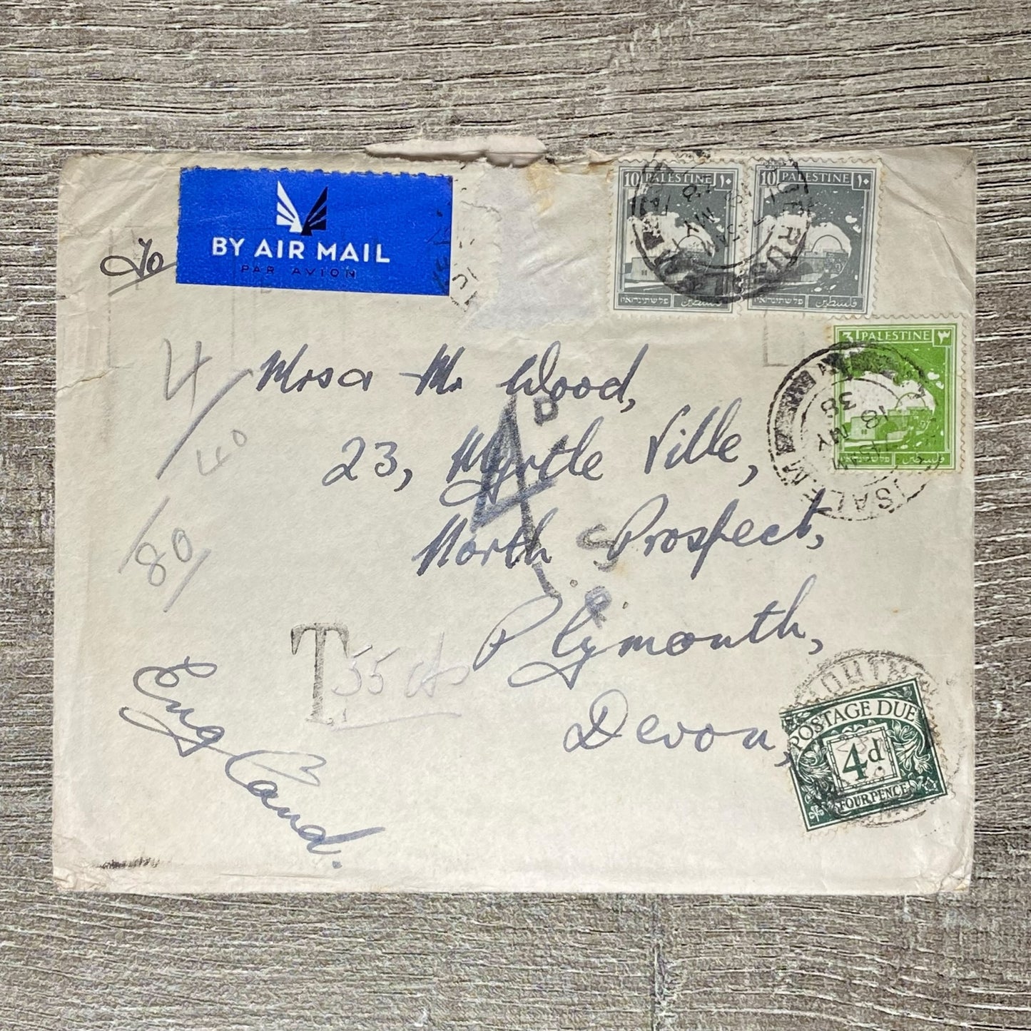 May 1938 Air Mail Cover Palestine Plymouth Jerusalem Cancel Postage Due Special