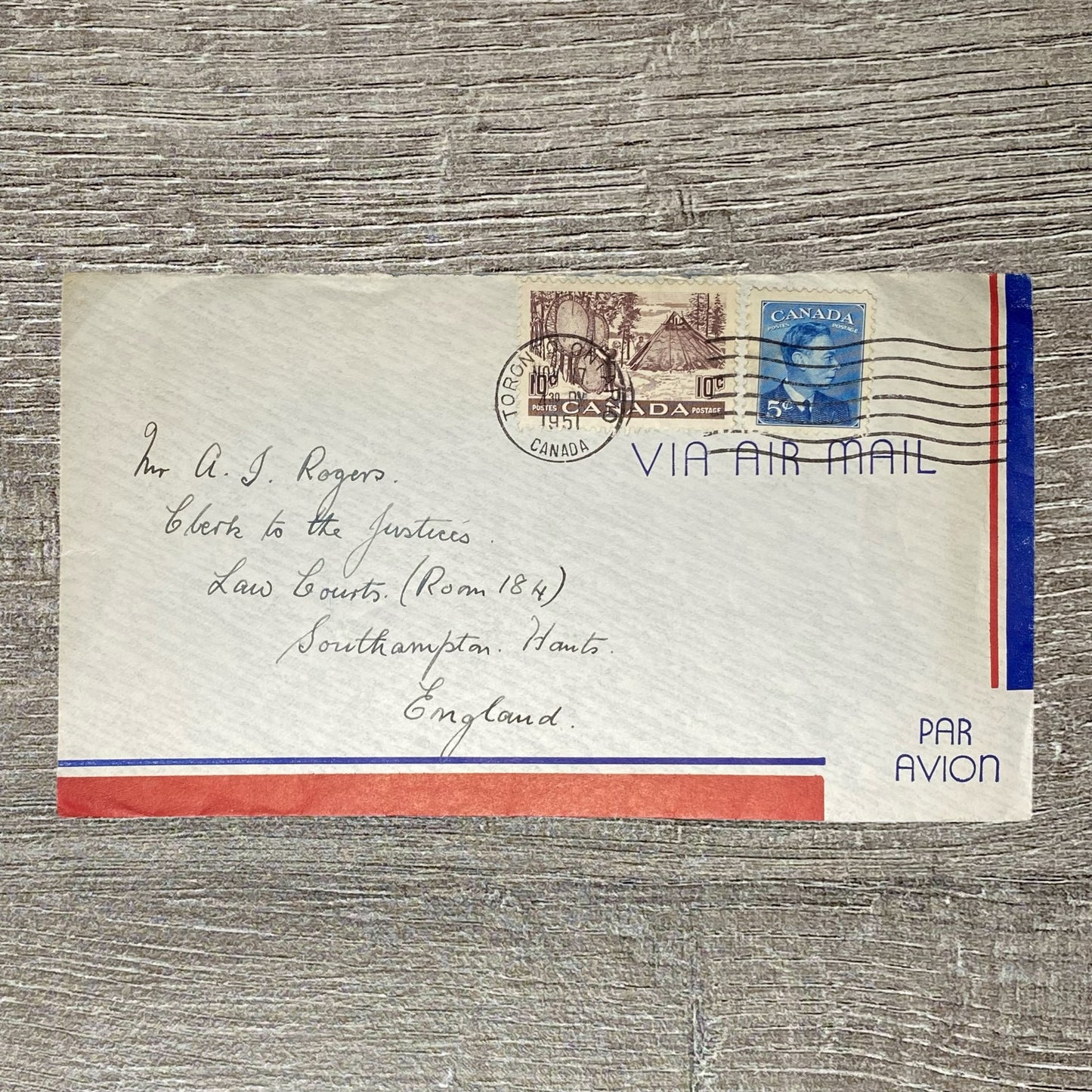 1951 Postal Cover Air Mail Canada To Southampton England Toronto Cancel 5c 10c