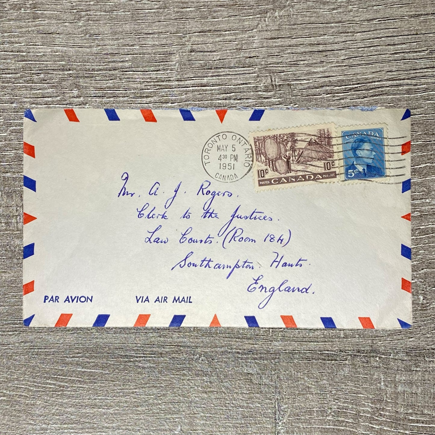 May 1951 Air Mail Cover Canada To Southampton England Law Courts Toronto Cancel