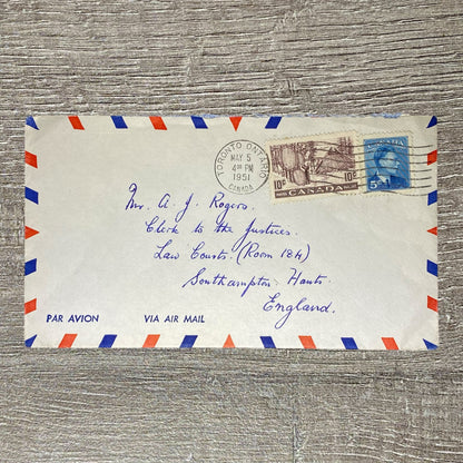 May 1951 Air Mail Cover Canada To Southampton England Law Courts Toronto Cancel