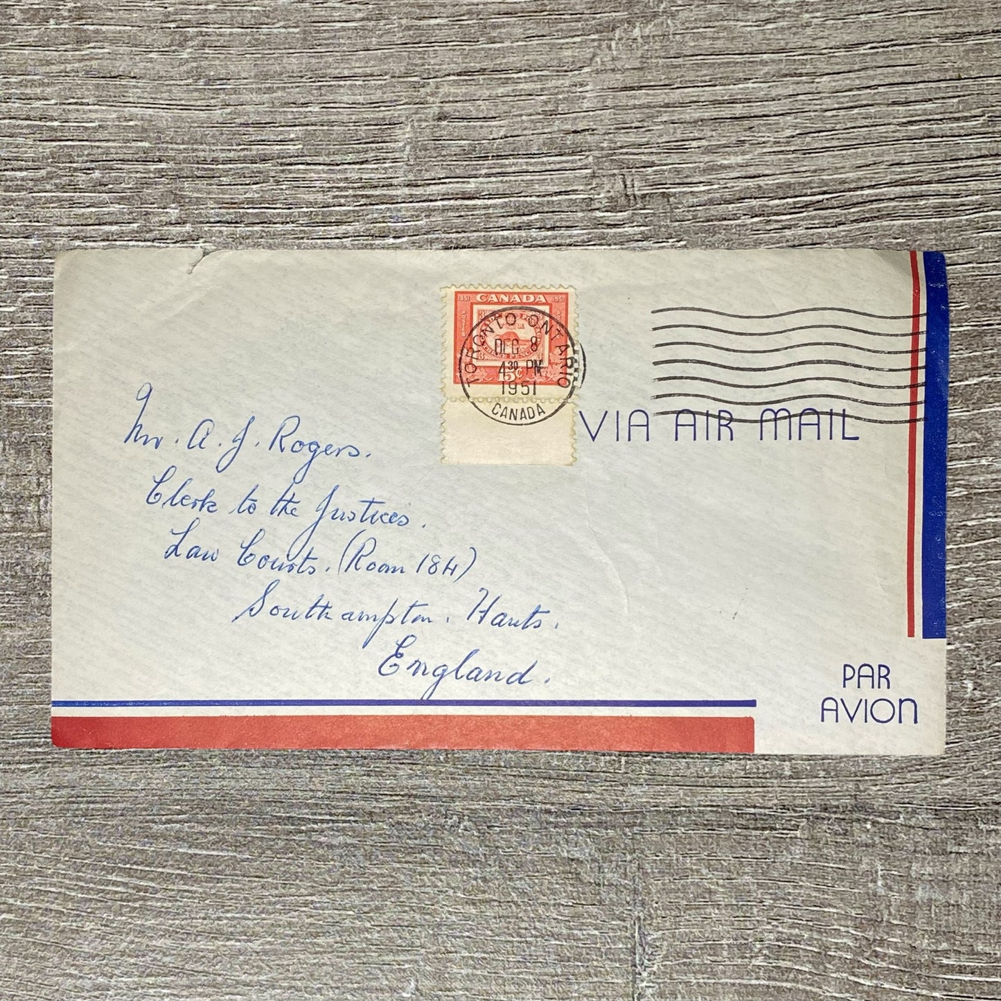 Dec 1951 Air Mail Cover Canada To Southampton England Law Courts Toronto Cancel