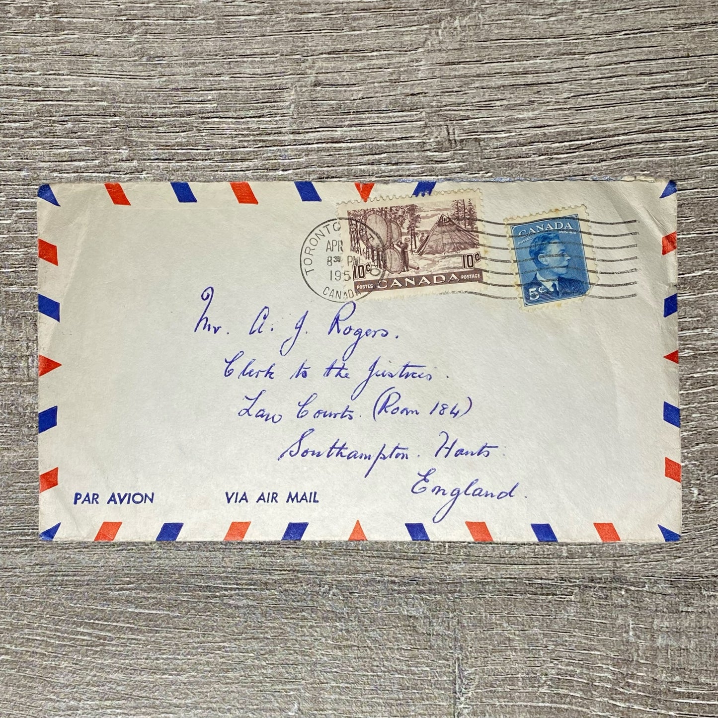 Apr 1951 Air Mail Cover Canada To Southampton England Law Courts Toronto Cancel