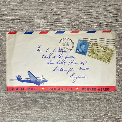 Sep 1950 Air Mail Cover Canada To Southampton England Law Courts Toronto Cancel