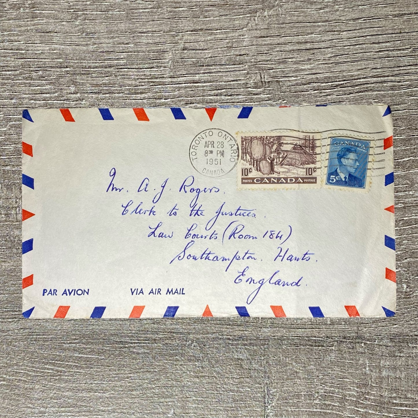 April 1951 Air Mail Cover Canada To England Law Courts Toronto Postmarked 5c 10c