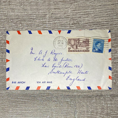 April 1951 Air Mail Cover Canada To England Law Courts Toronto Postmarked 5c 10c