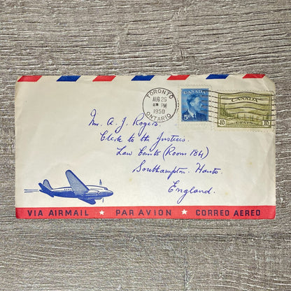 Aug 1950 Air Mail Cover Canada To England Law Courts Toronto Postmarked 5c 10c