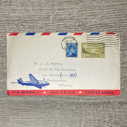Oct 1950 Air Mail Cover Canada To England Law Courts Toronto Postmarked 5c 10c