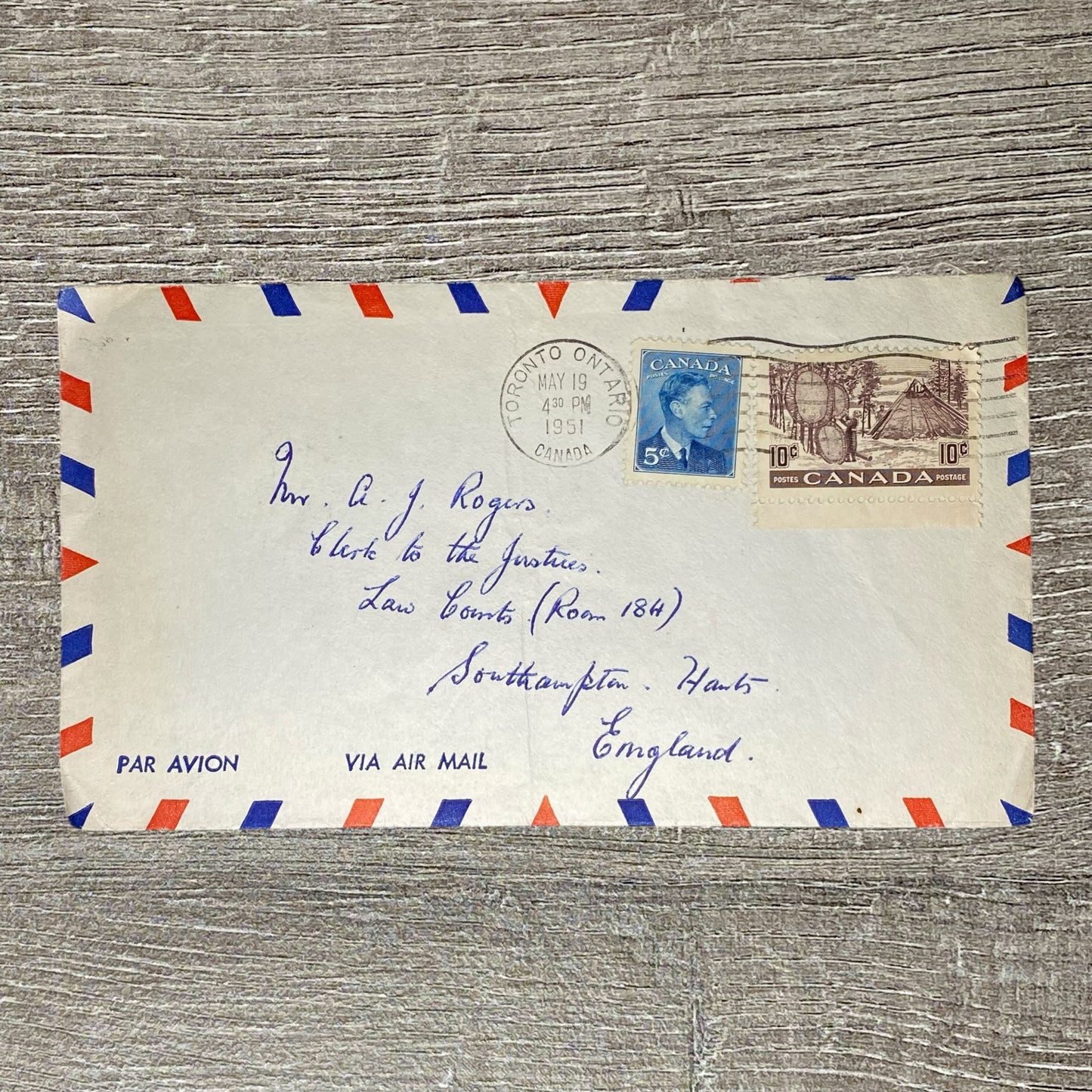 1951 Air Mail Cover Canada To Southampton England Law Courts Toronto Postmarked