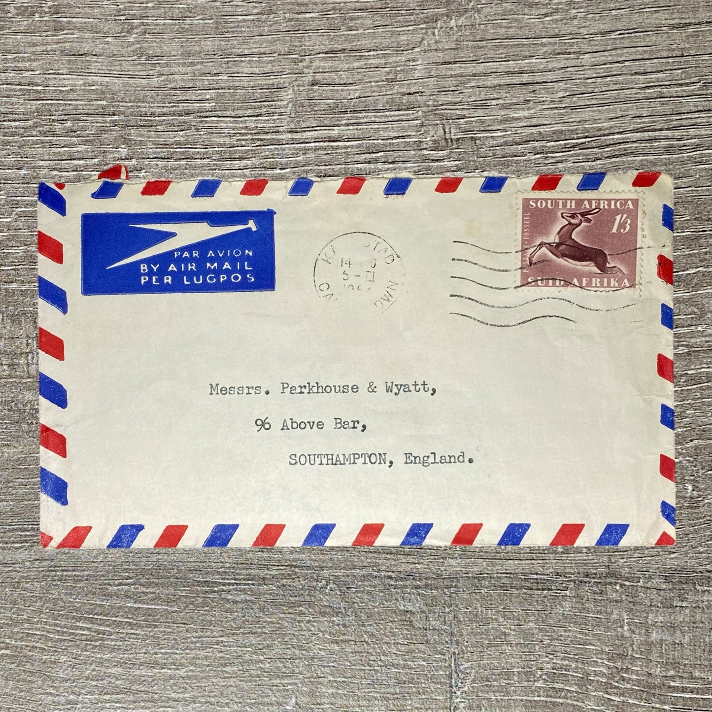1954 Par Avion Air Mail Cover South Africa To Southampton England Postmarked 1/3