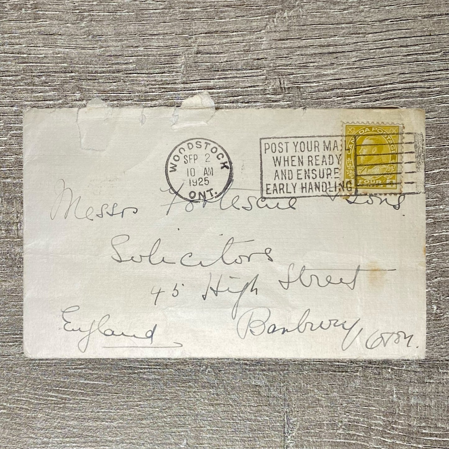 1925 Cover & Solicitor Letter Canada To England Early Handling Postmark 4 Cents