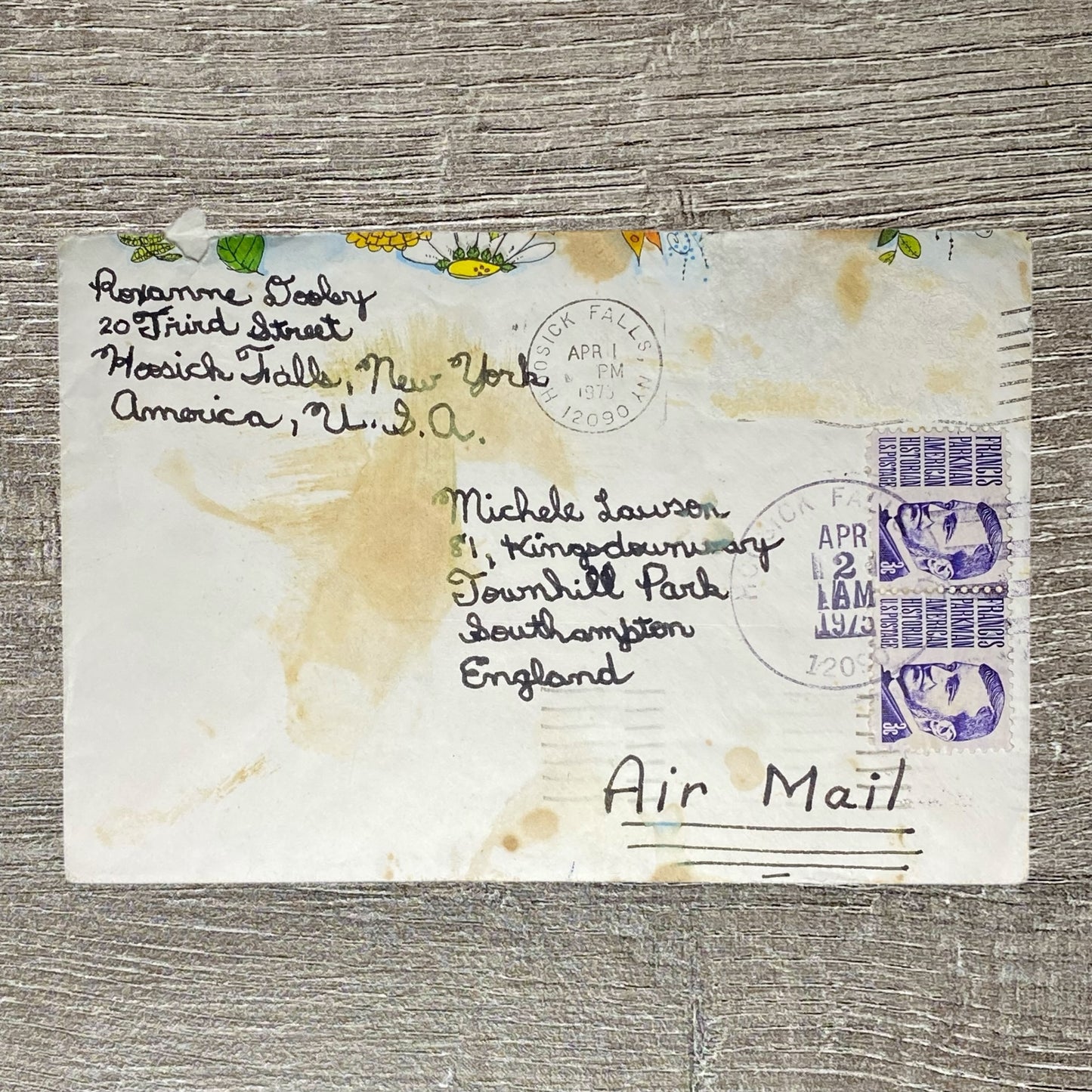 1975 Air Mail Cover New York To England Hoosick Falls Postmarked 3 Cent Stamps