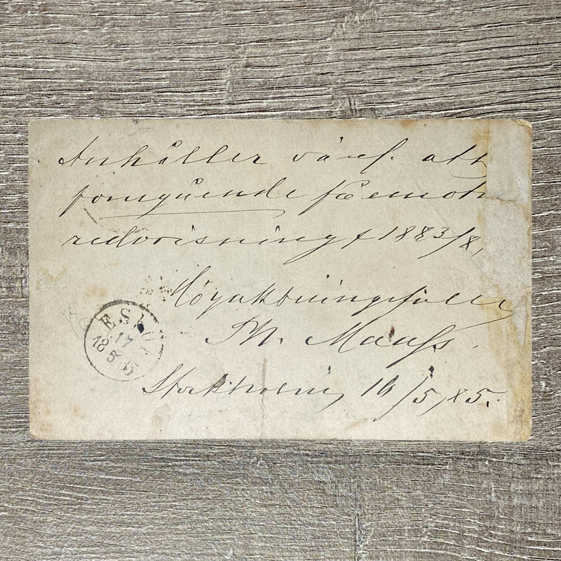 Late 19th Century Sweden 1885 Brefkort Handwritten Postcard Stockholm Postmarked