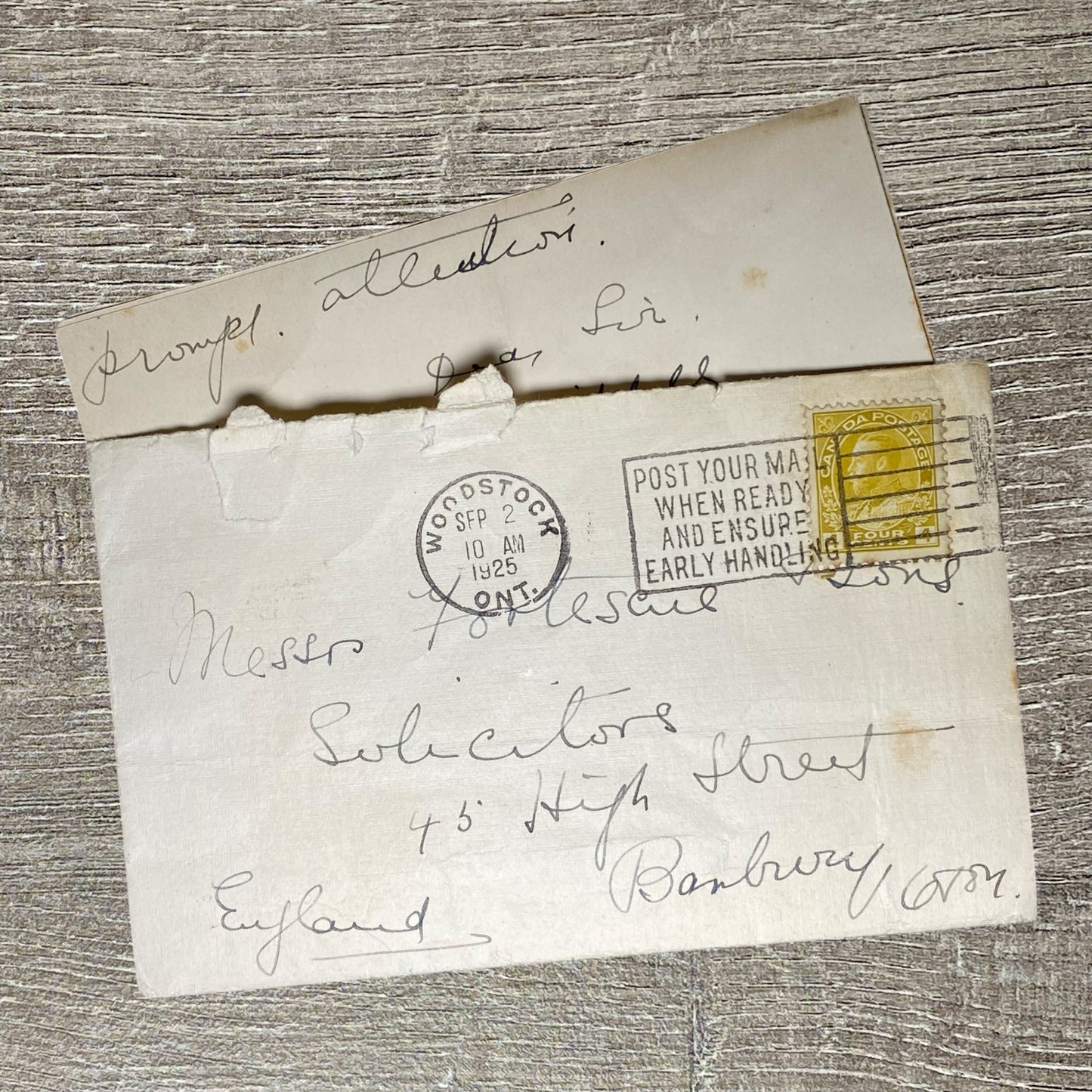 1925 Cover & Solicitor Letter Canada To England Early Handling Postmark 4 Cents