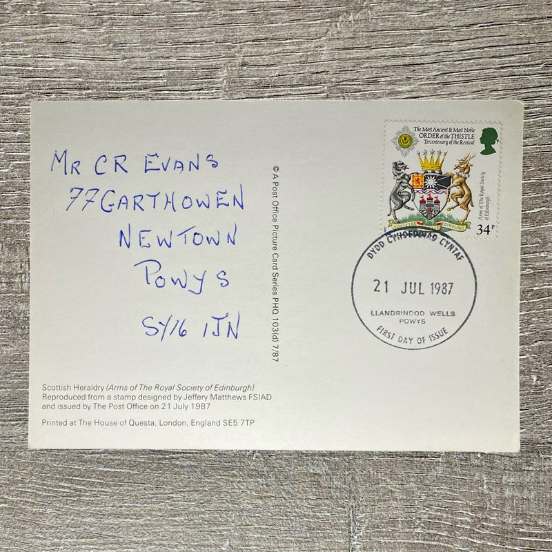 1987 34p Arms Of The Royal Society Edinburgh Postcard First Day Of Issue Powys