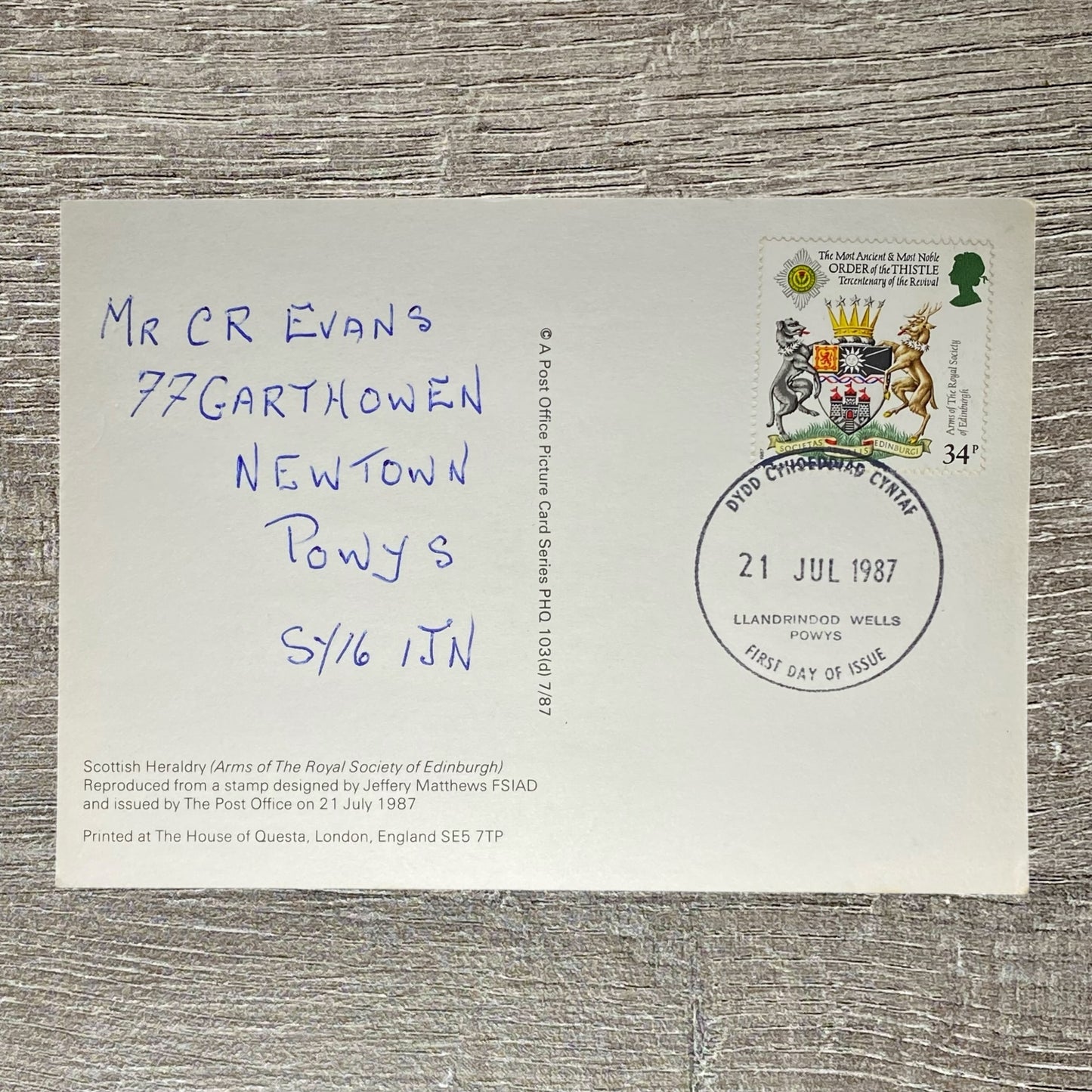 1987 34p Arms Of The Royal Society Edinburgh Postcard First Day Of Issue Powys