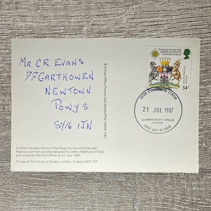 1987 34p Arms Of The Royal Society Edinburgh Postcard First Day Of Issue Powys
