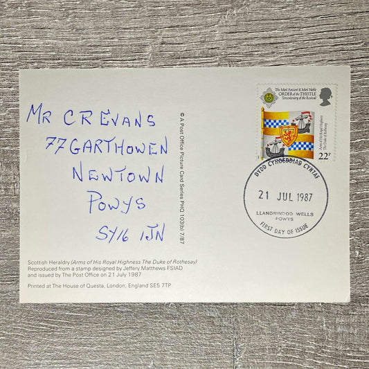 21st July 1987 22p Arms Of The Duke Of Rothesay Postcard First Day Issue Powys
