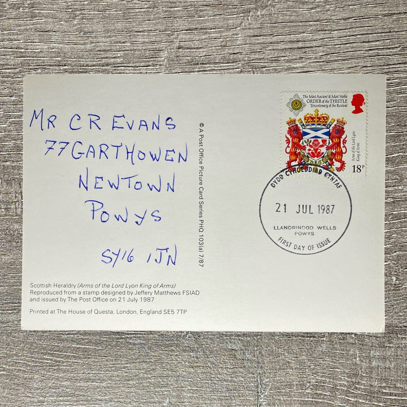 21st July 1987 18p Arms Lord Lyon King Of Arms Postcard First Day Issue Powys