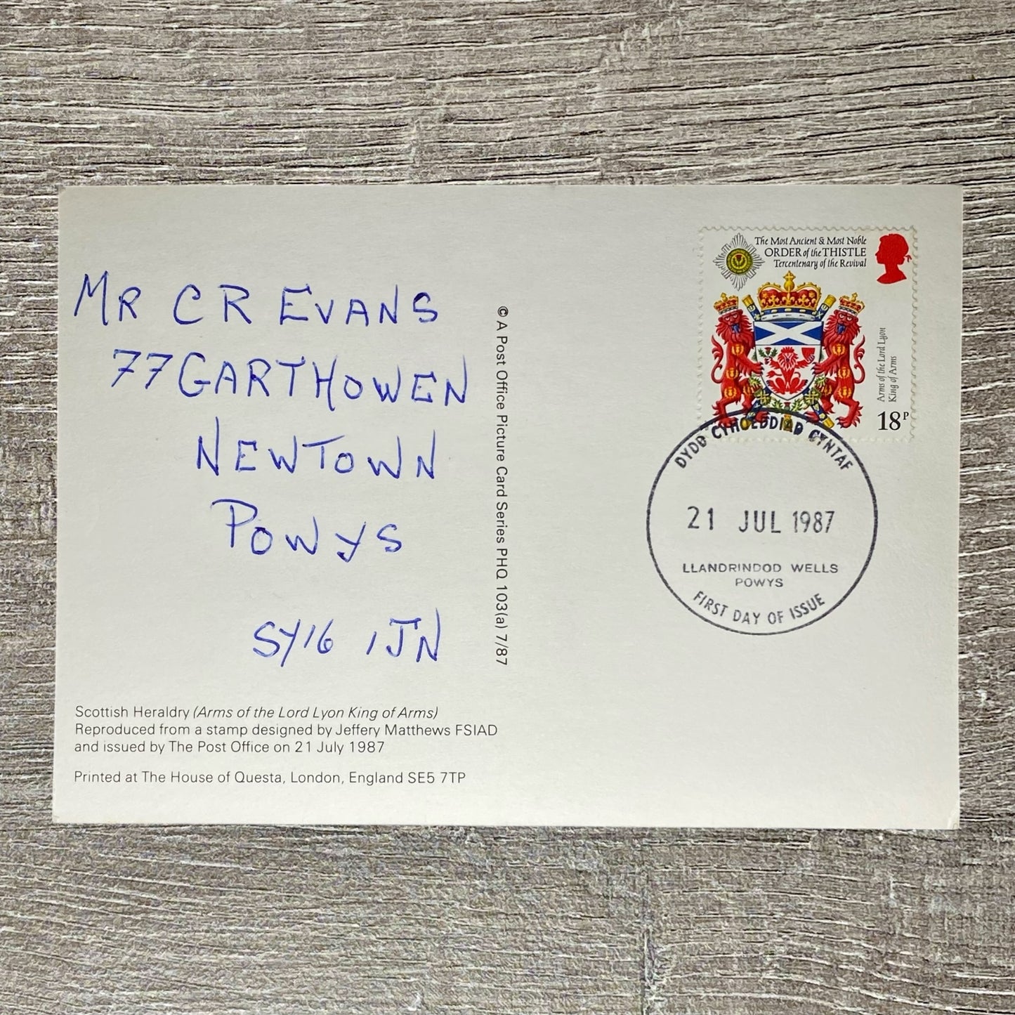 21st July 1987 18p Arms Lord Lyon King Of Arms Postcard First Day Issue Powys