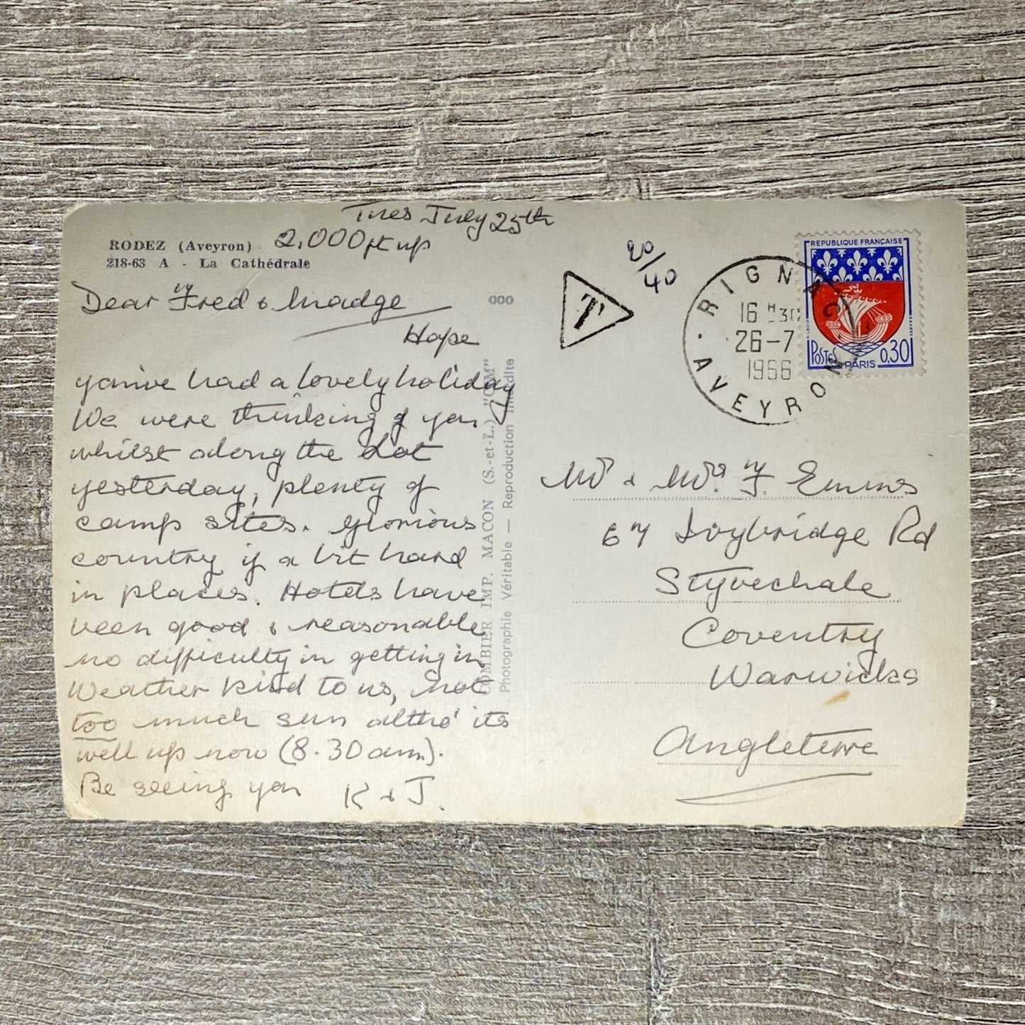 1966 Auxerre Cathedral Postcard Handwritten Message France To England 0.30 Franc