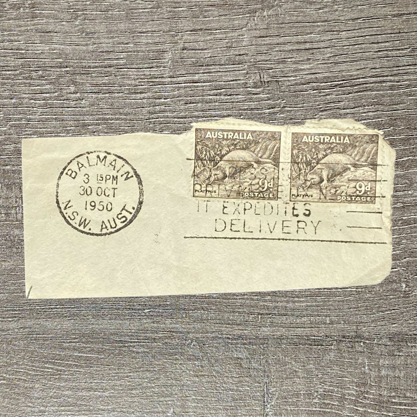 1950 Private Expedites Postal Cut Out Australia Balmain 2x 9d Platypus SG 191