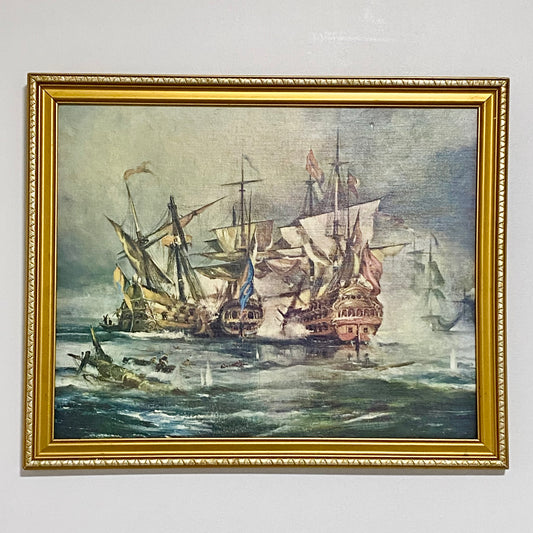 Vintage Chiabert Naval Battle Ship At Sea Art Print Painting On Board Framed