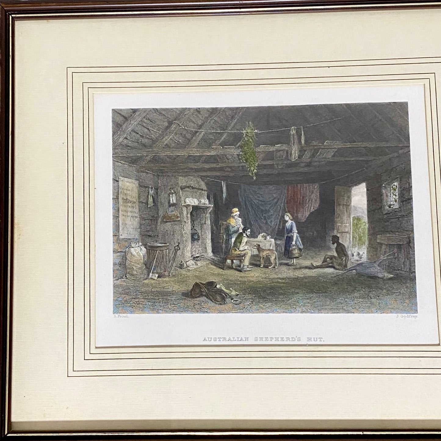 Australian Shepherd's Hut John Skinner Prout Engraving Print c1860 Framed Glazed