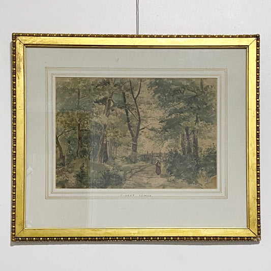 Antique Framed And Mounted Watercolour Depicting A Woodland Walk By Robert Leman