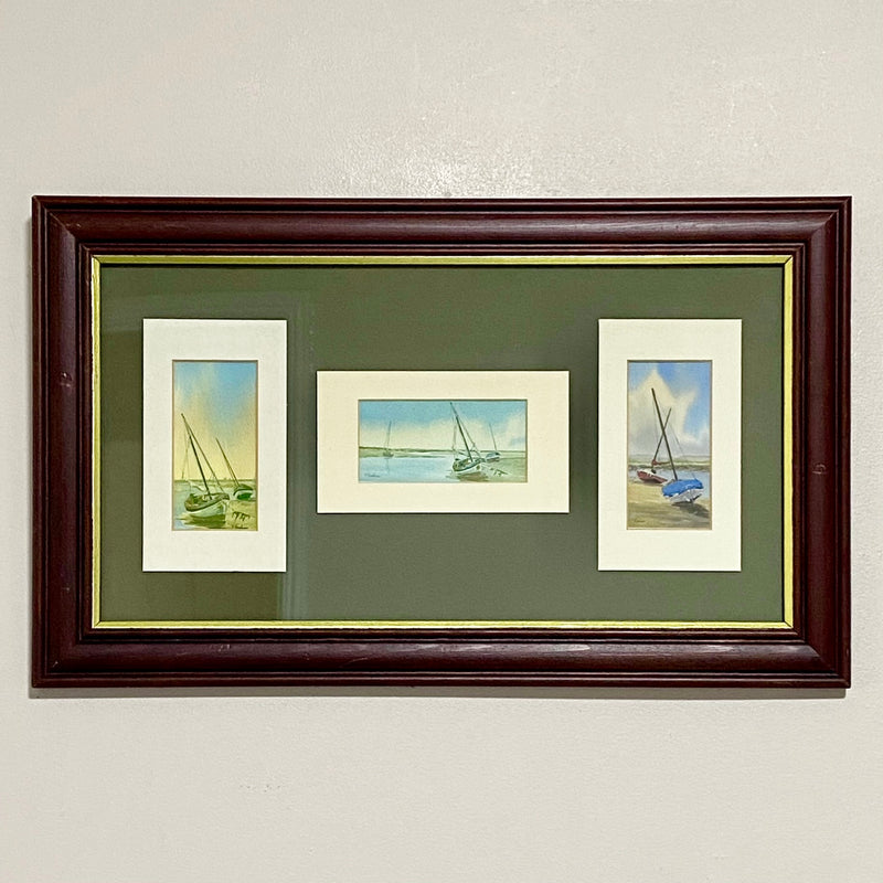 Vintage 3 Sail Boat Harbour Scenes Watercolour Art Print Signed P Basham Framed