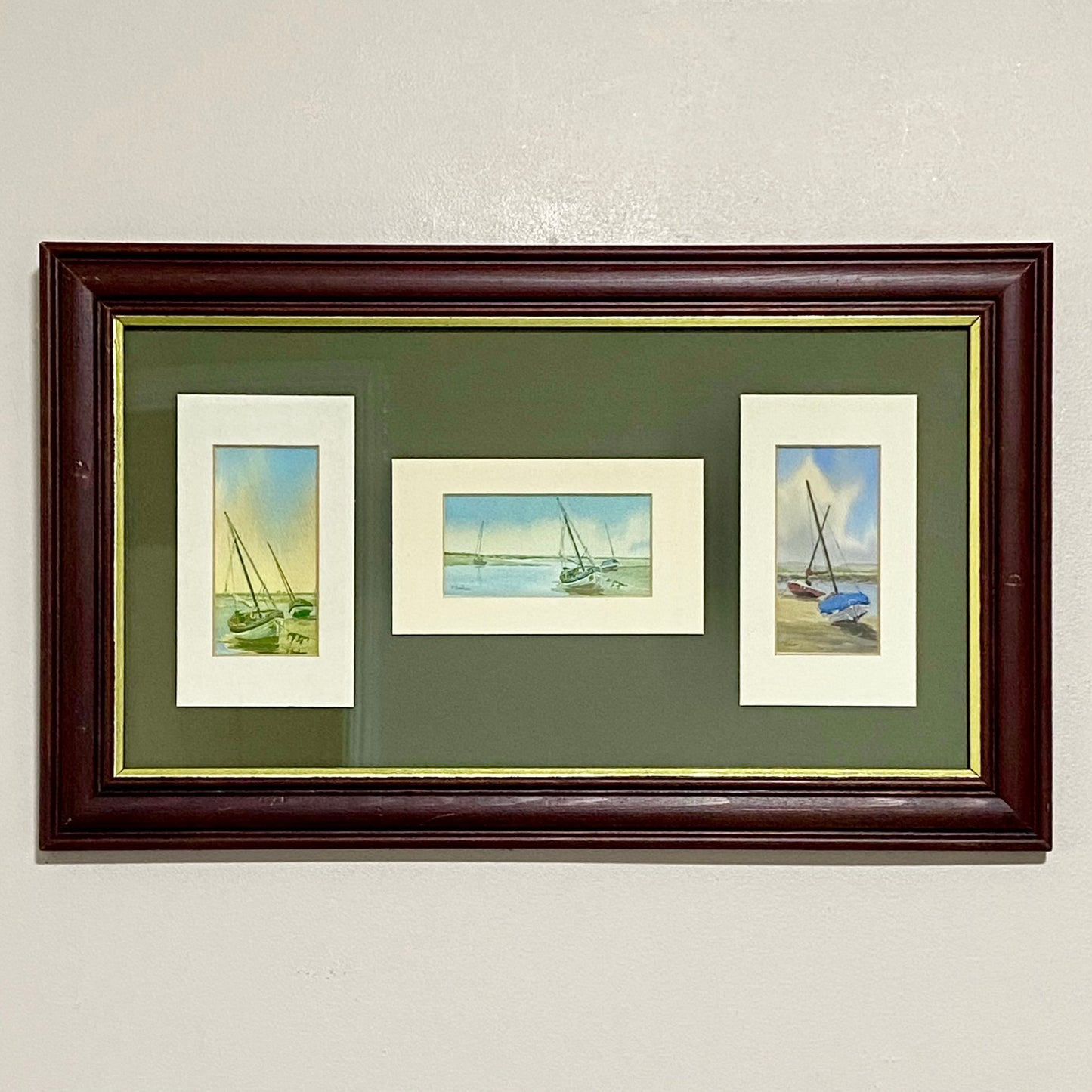 Vintage 3 Sail Boat Harbour Scenes Watercolour Art Print Signed P Basham Framed