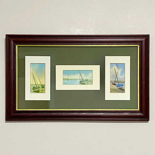 Vintage 3 Sail Boat Harbour Scenes Watercolour Art Print Signed P Basham Framed