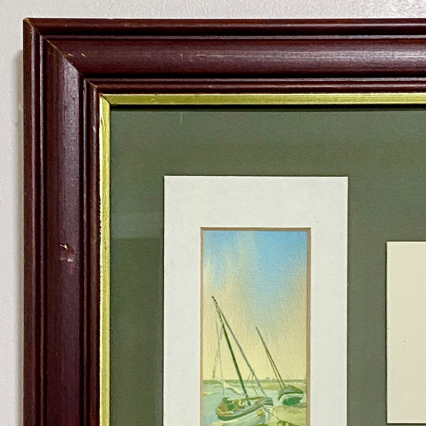 Vintage 3 Sail Boat Harbour Scenes Watercolour Art Print Signed P Basham Framed