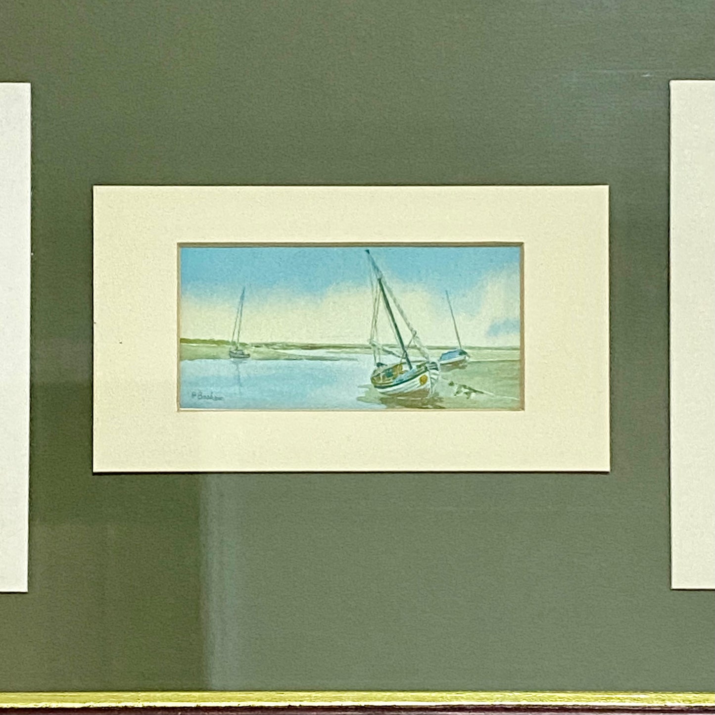 Vintage 3 Sail Boat Harbour Scenes Watercolour Art Print Signed P Basham Framed