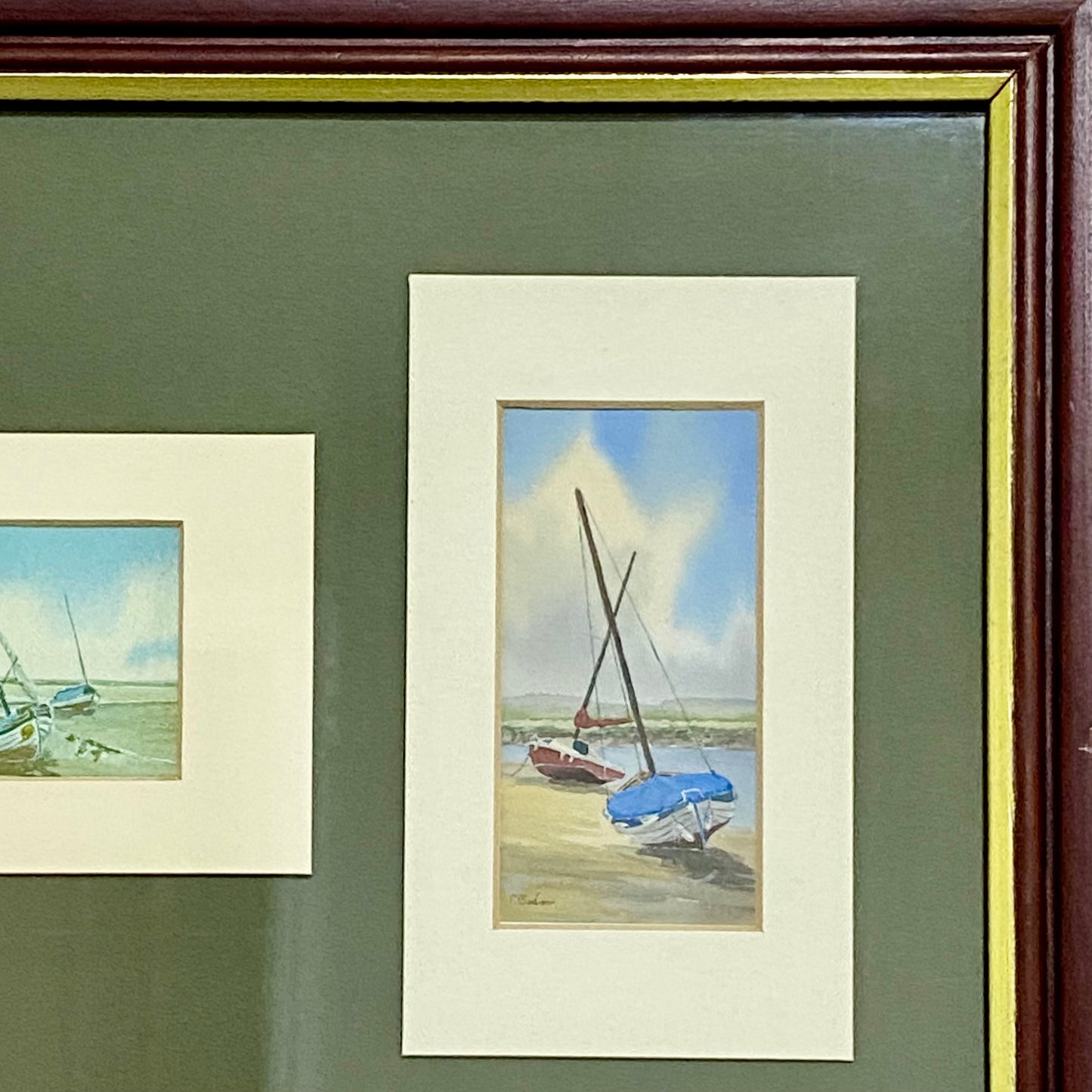 Vintage 3 Sail Boat Harbour Scenes Watercolour Art Print Signed P Basham Framed